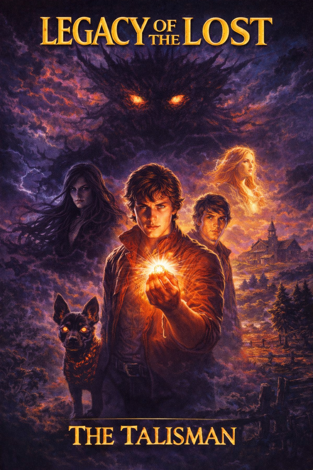 Hand painted 1980s fantasy cover showing a teenage boy in the foreground holding a glowing talisman that lights his face. A massive shadow entity with glowing eyes looms in storm filled clouds above. A dark haired woman radiates shadow on one side, a luminous young woman stands elevated on the other, and a black Xolo dog with glowing eyes stands at the boy’s side. A rural school and farmhouse sit in the background. Title at top reads Legacy of the Lost and bottom reads The Talisman.